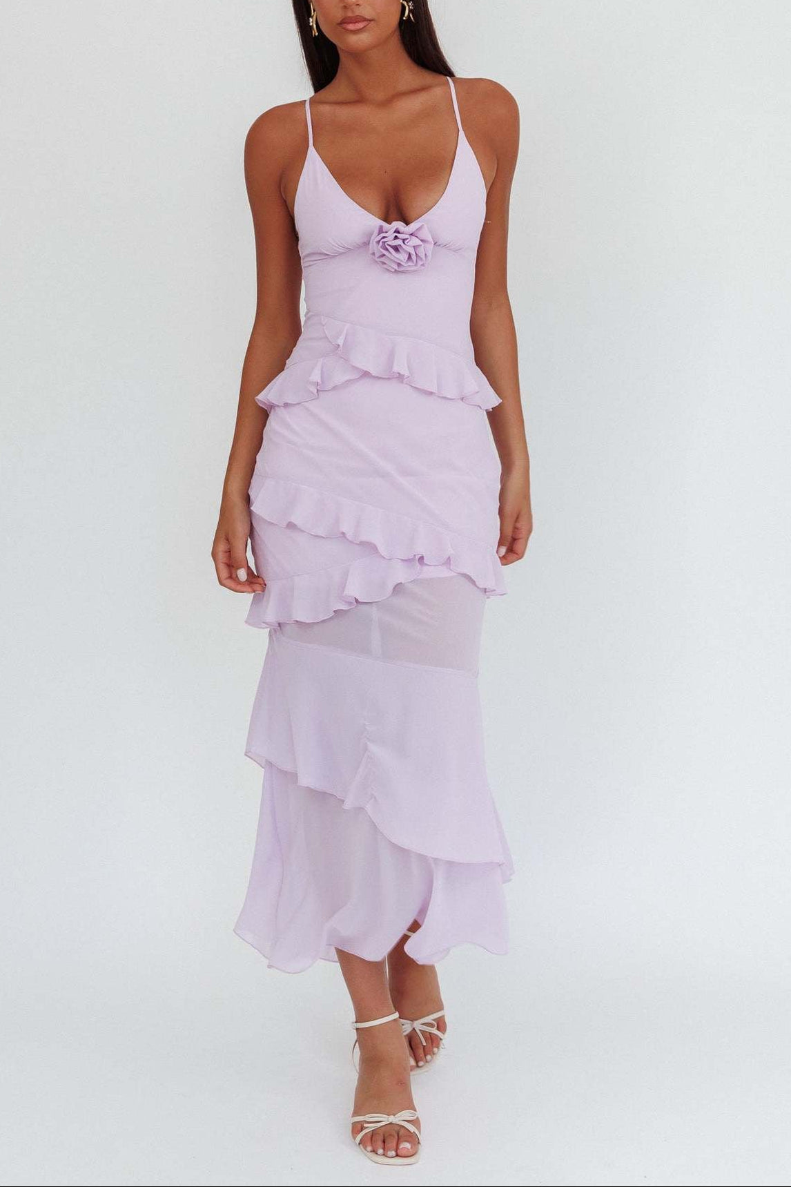 purple backless suspender ruffled dress