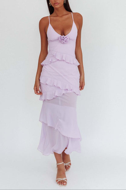 purple backless suspender ruffled dress