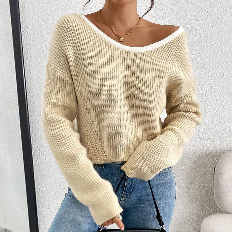 Relaxed Fit Ribbed Knit Sweater with Contrast Trim Crew Neck Premium Fabric - product view 3