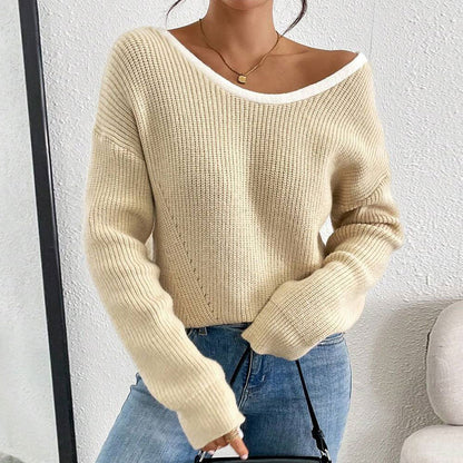 Relaxed Fit Ribbed Knit Sweater with Contrast Trim Crew Neck Premium Fabric - product view 3