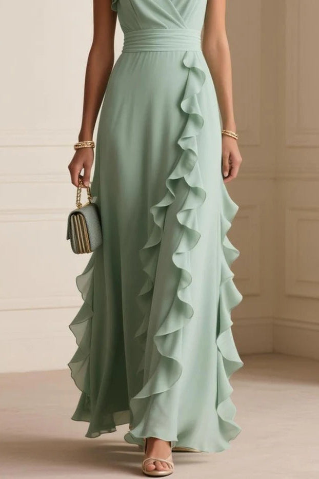 green Pleated Sleeveless V-Neck maxi Dress