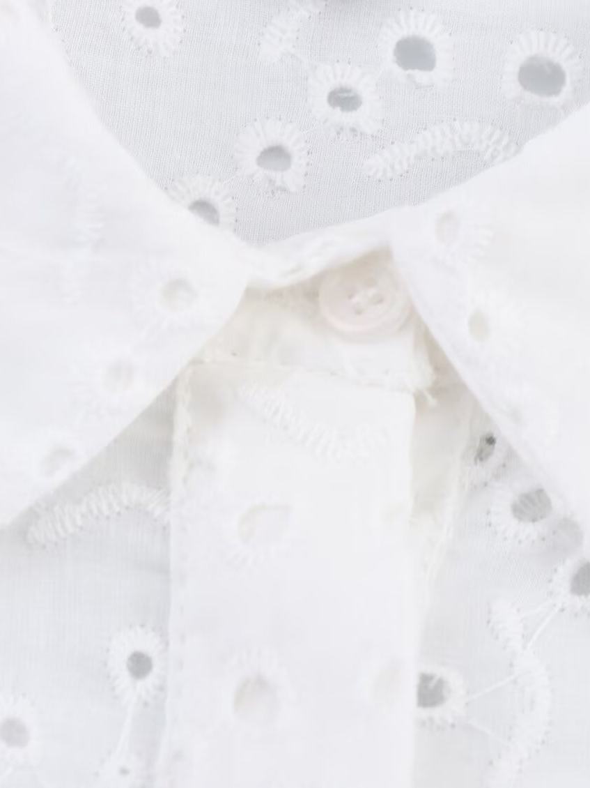 White Lap-up Collar Puffy Sleeve Hollow Embroidered Shirt