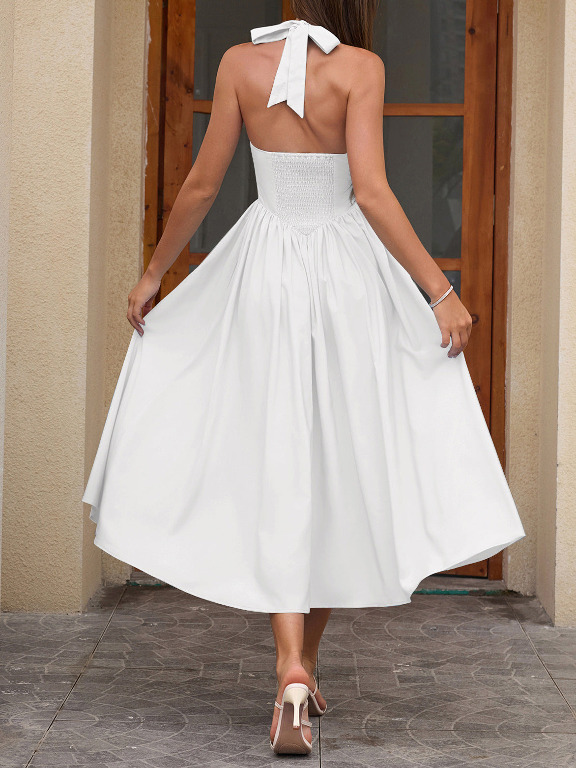 white halterneck strap backless midi dress