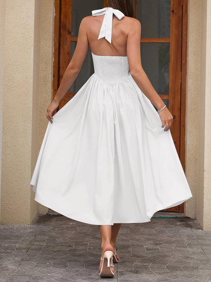 white halterneck strap backless midi dress