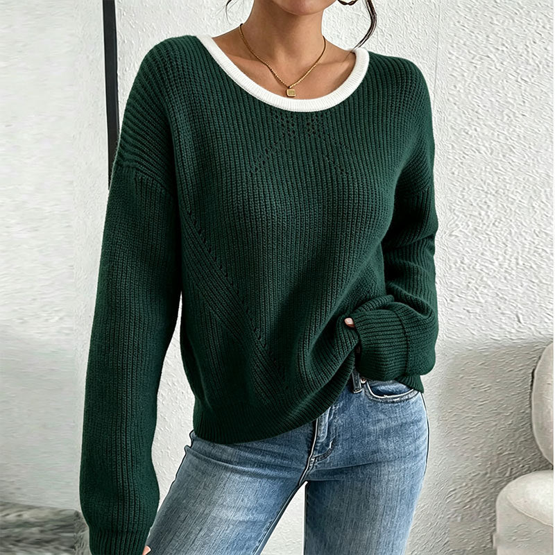 Green Contrast Trim Ribbed Knit Sweater Premium Fabric - product view 1