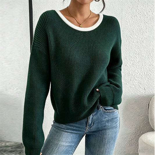 Green Contrast Trim Ribbed Knit Sweater Premium Fabric - product view 1
