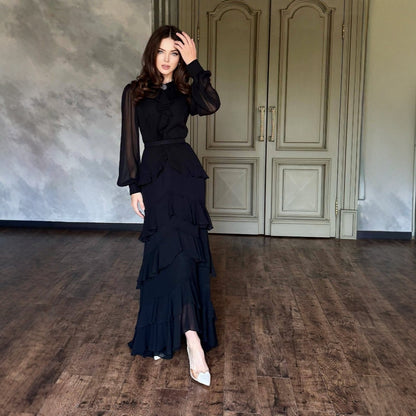 V-neck long-sleeve ruffle maxi dress