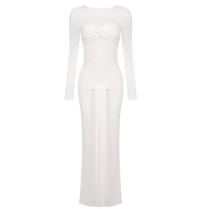 Long-sleeved ribbon-trimmed round-neck maxi dress