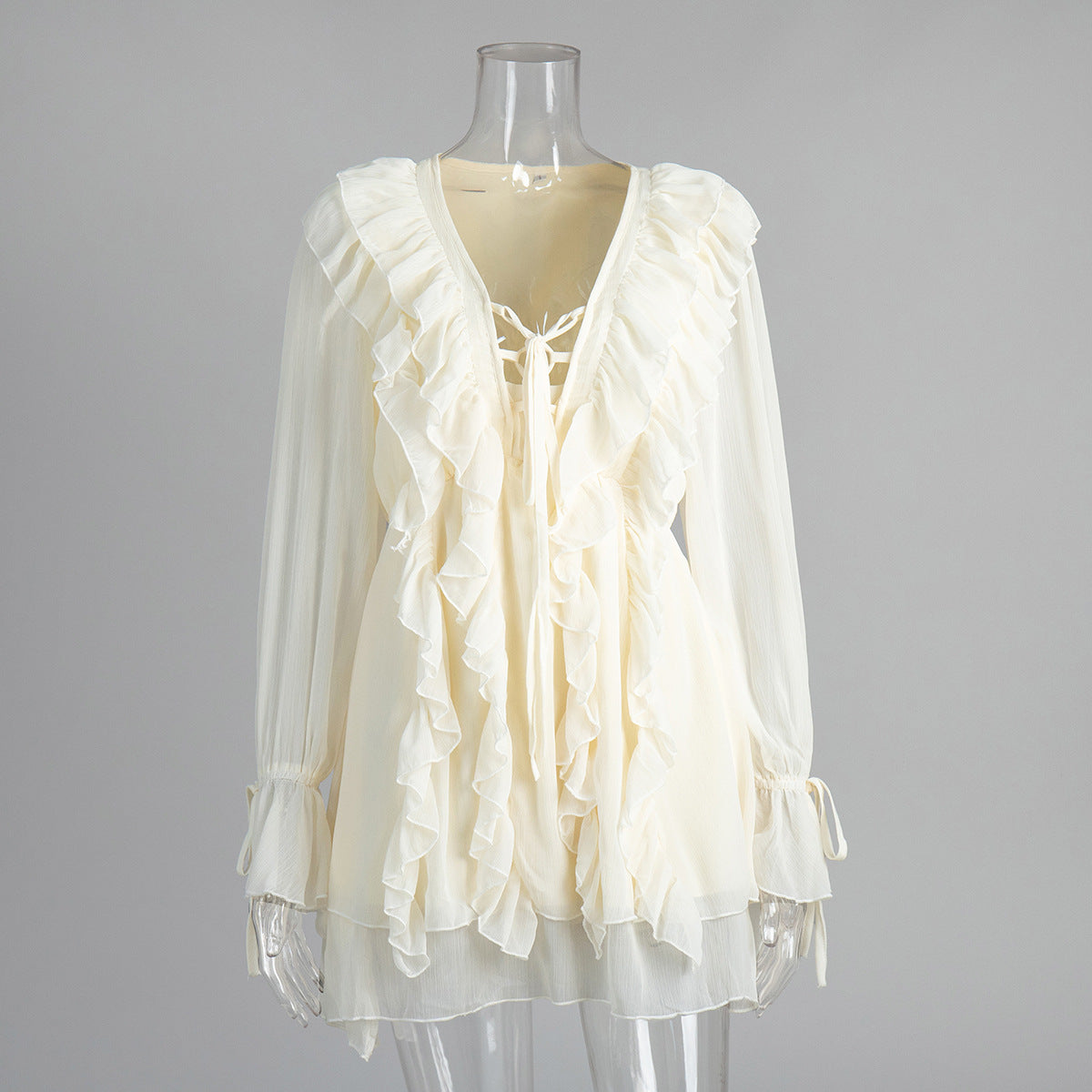 v-neck Ruffled tulle mini dress - apricot