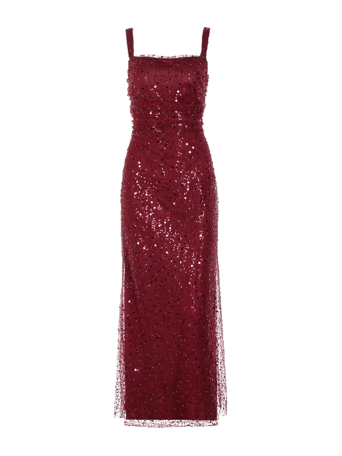 red sequin suspender evening dress