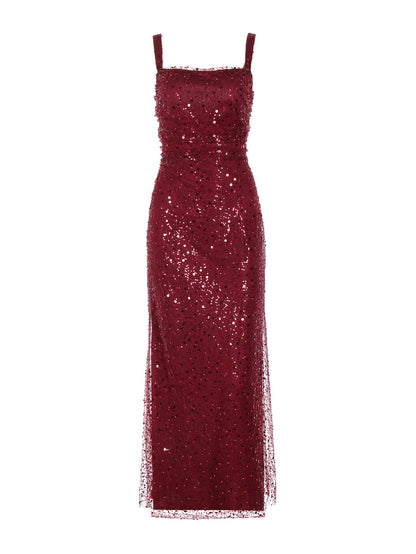 red sequin suspender evening dress