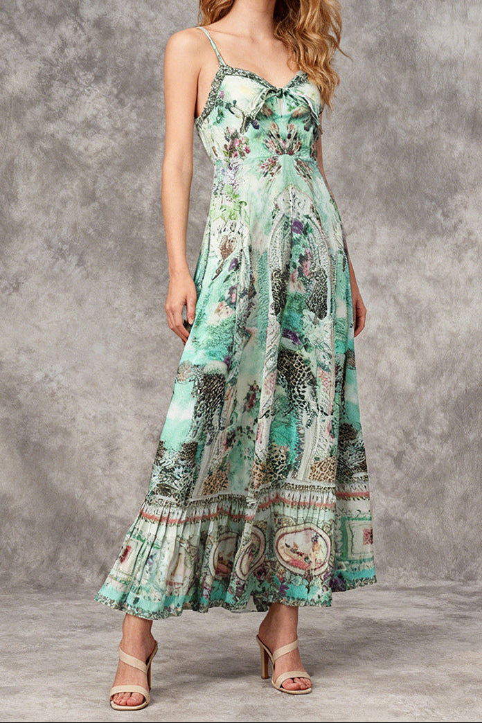 Bohemian print ruffled hem maxi dress - green