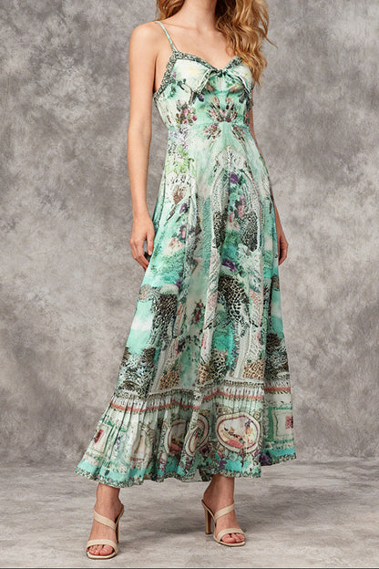 Bohemian print ruffled hem maxi dress - green