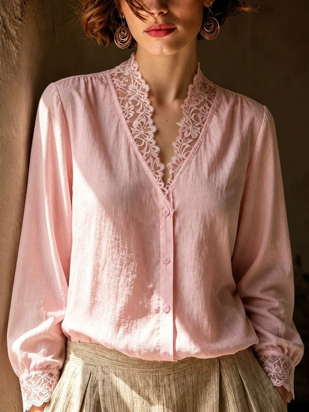 French-style V-neck Lace-panel Blouse