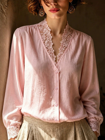 French-style V-neck Lace-panel Blouse