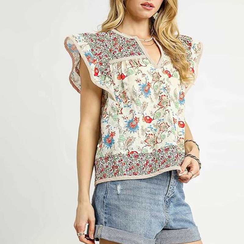 V-neck short-sleeve floral embroidery top