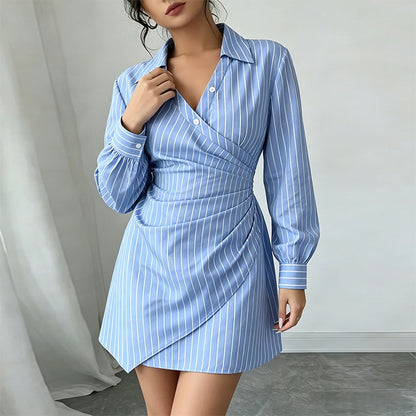 blue V-Neck Striped Pleated Slim mini Dress