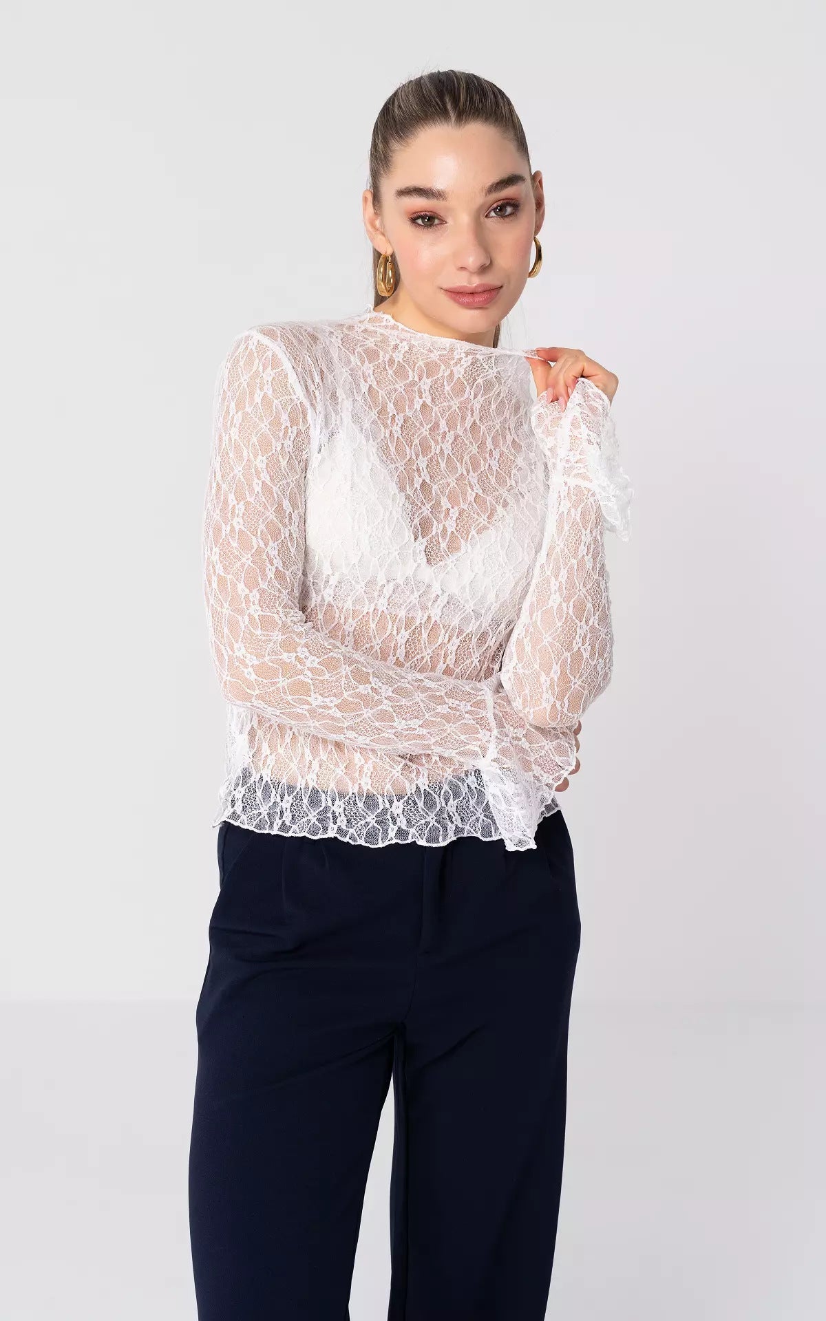 lace long-sleeved base shirt see-through inner cut-out top