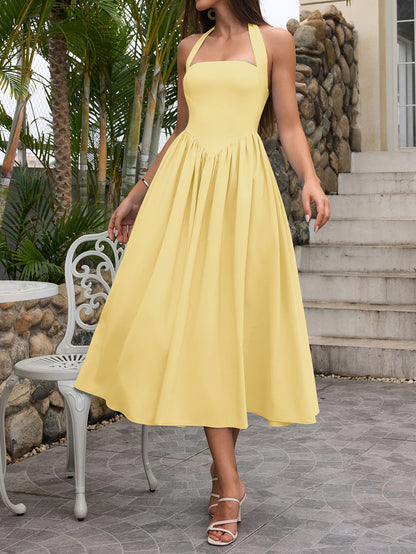 yellow halterneck strap backless midi dress