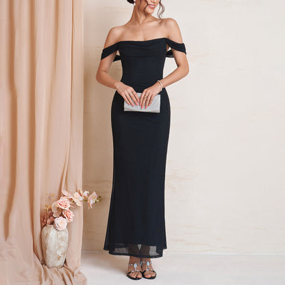 black spaghetti strap off-shoulder maxi dress