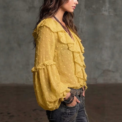 Polka dot print ruffle shirt - yellow