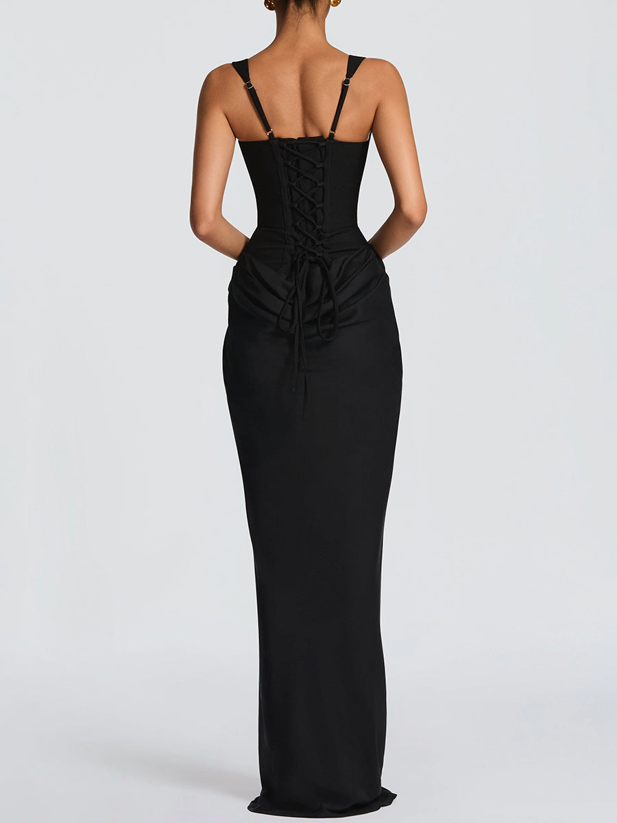 black backless herringbone slip maxi dress
