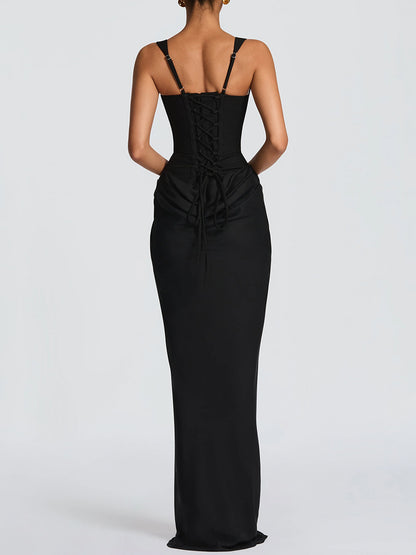 black backless herringbone slip maxi dress