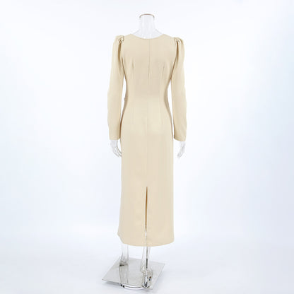 Irregular neckline puff sleeve bodycon slit dress