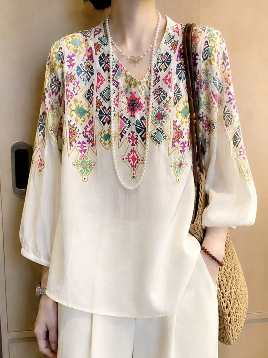 Printed V-neck Lantern-sleeve Shirt