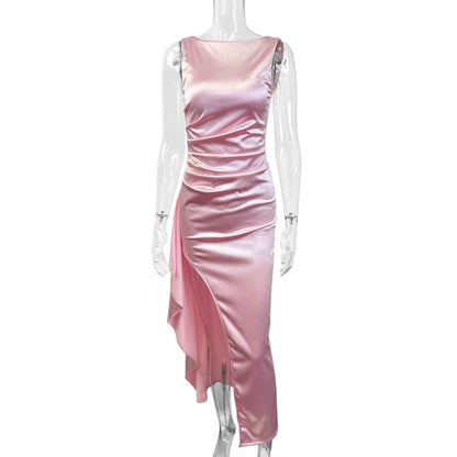 High-slit sleeveless irregular hem backless maxi dress