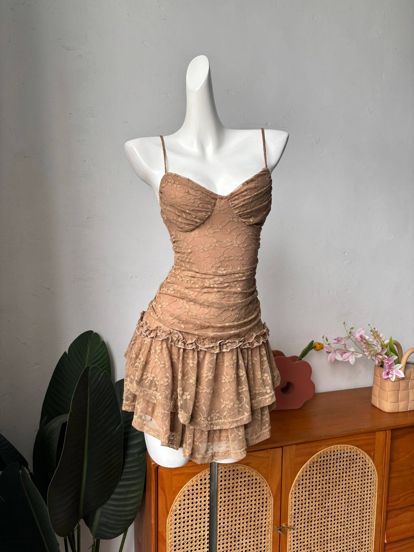 brown lace camisole dress