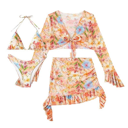 printed long-sleeve split cover-up bikini