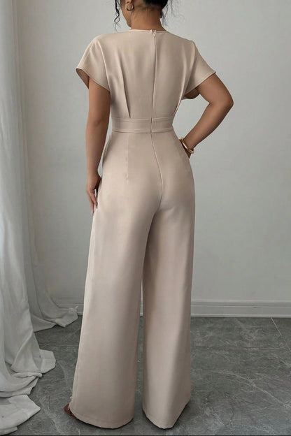 apricot V-neck short-sleeved waist wide-leg jumpsuit