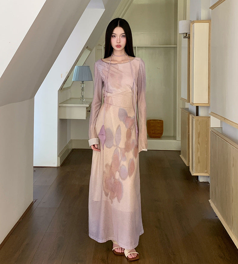 Mesh floral Print Long-Sleeve maxi Dress