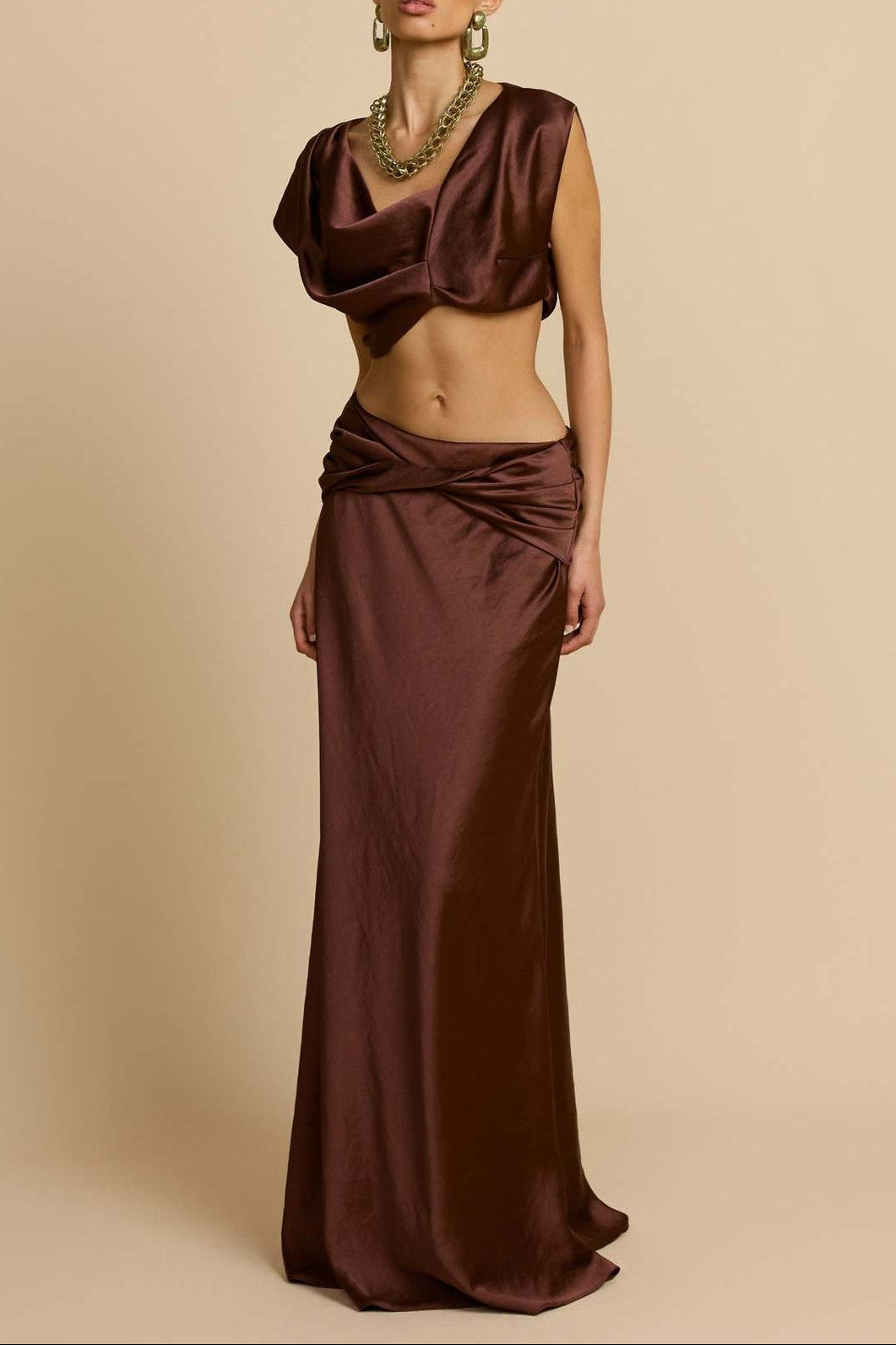 brown pleated geometric splicing shape bandeau skirt suit