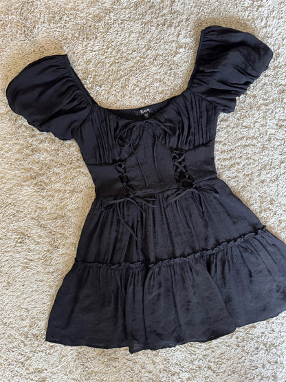 black bow tie puff sleeve flush lace  dress