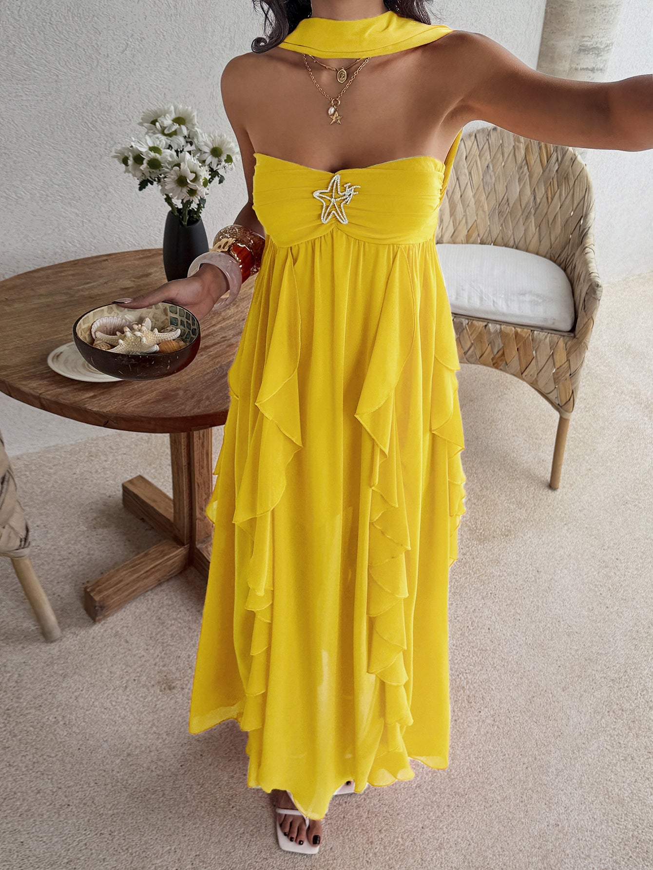 yellow bandeau layered ruffled dress