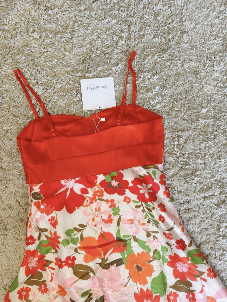 Two-Tone Satin Bust Floral Slip Mini Dress
