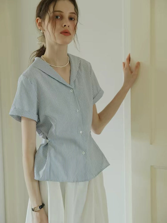 Blue striped short-sleeved shirt
