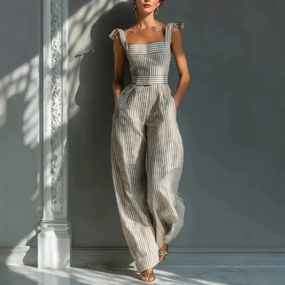striped spaghetti strap pocket jumpsuit