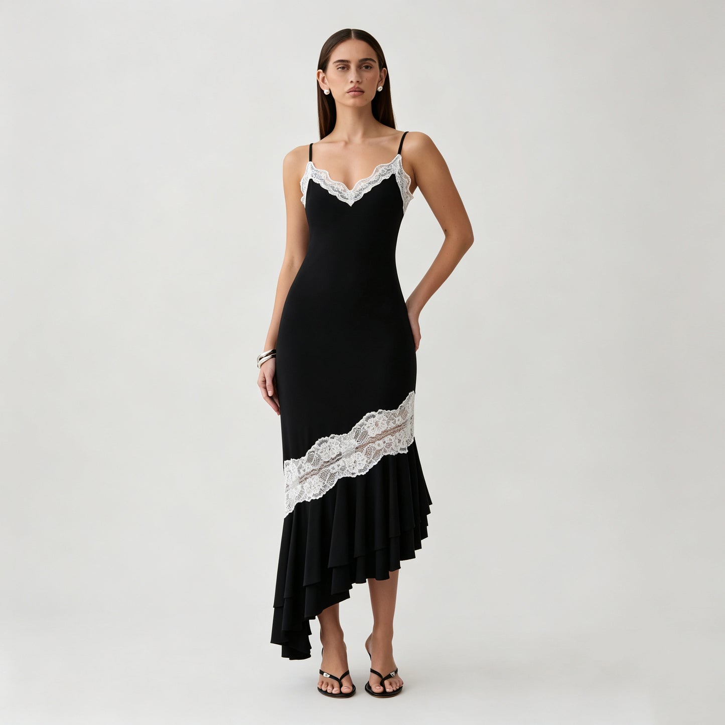 Black V-neck camisole maxi dress with asymmetrical lace splicing & cut-out