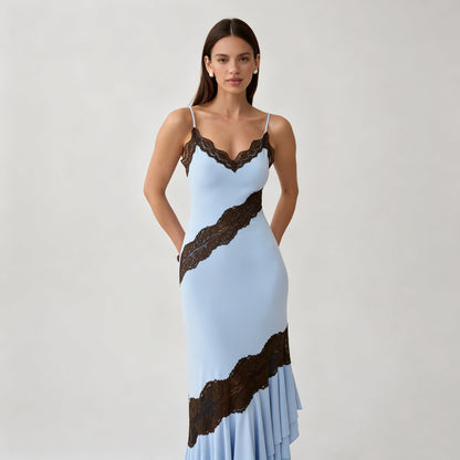 blue V-neck camisole maxi dress with asymmetrical lace splicing & cut-out