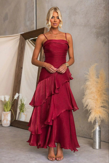 Premium Fabric Red Tiered Ruffle Maxi Dress Premium Fabric - product view 2
