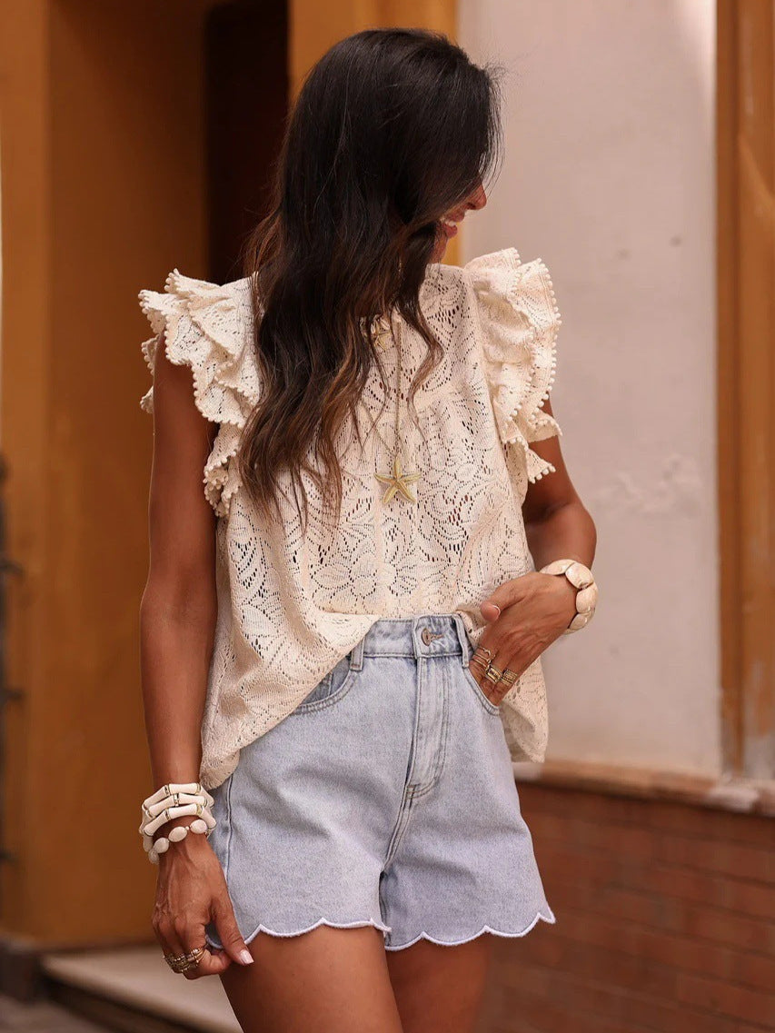 Ruffle Sleeve Hollow Crew Neck Embroidered Pullover Tank Top