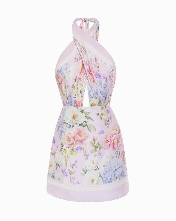 Halter-neck cut-out bodycon mini dress with watercolor print