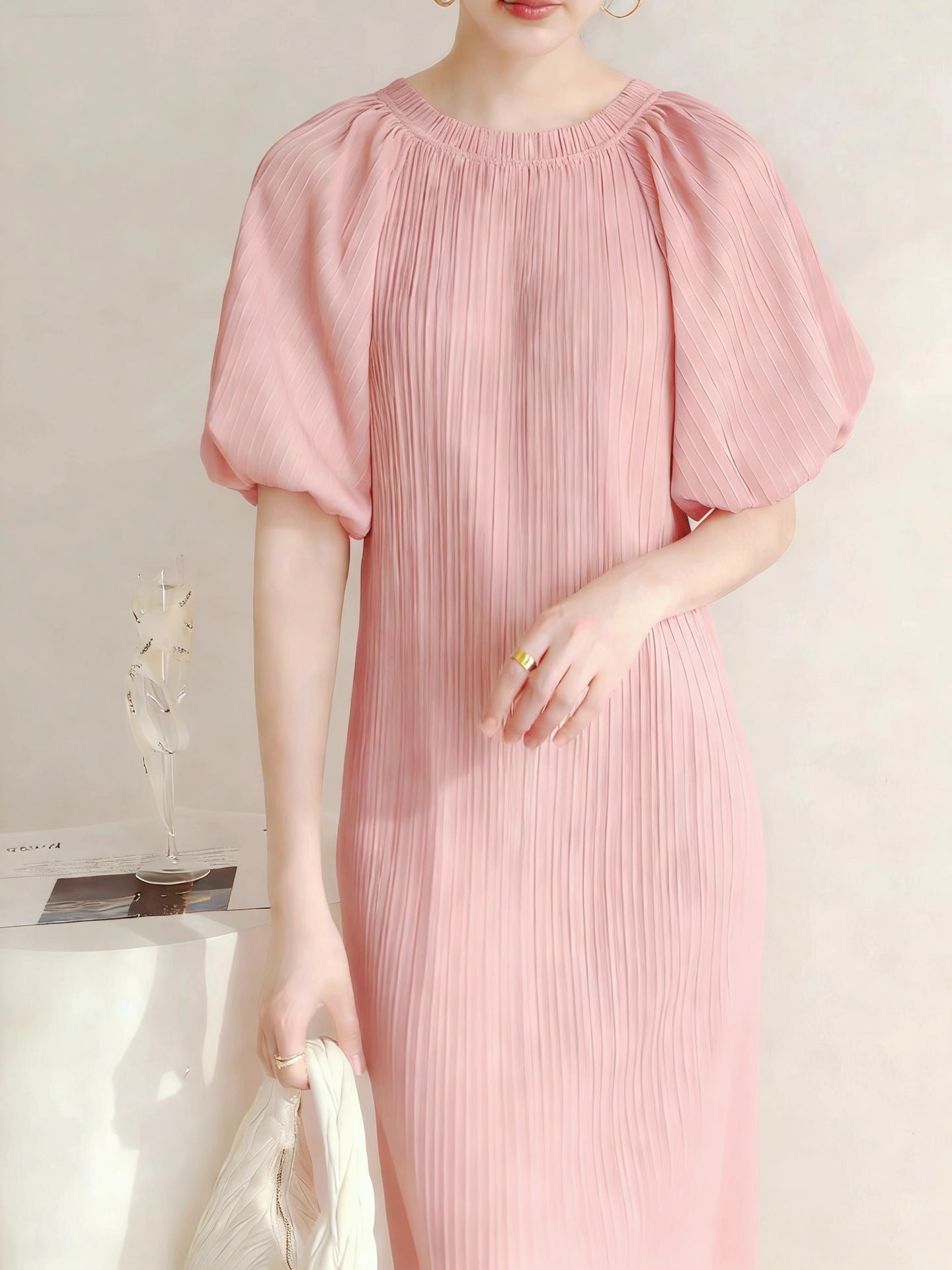 Pleated pastoral style bubble short-sleeved midi dress