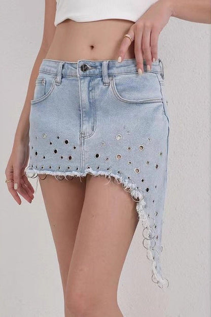 denim ripped irregular beveled skirt