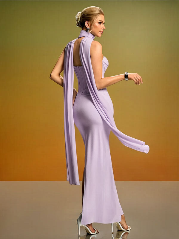 purple strapless backless  fishbone dress