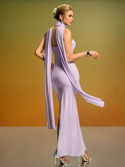 purple strapless backless  fishbone dress