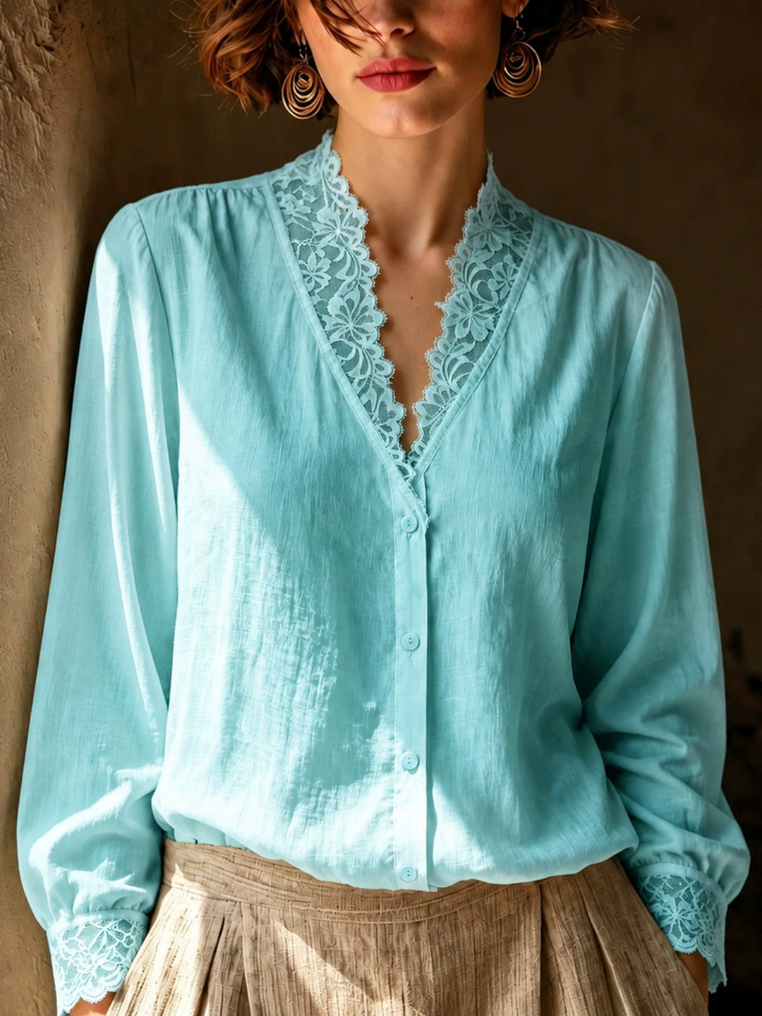 French-style V-neck Lace-panel Blouse
